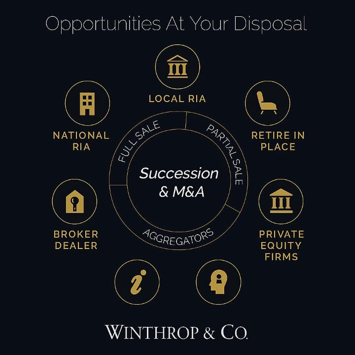Opportunities at your disposal: full sale, partial sale, aggregators, local RIA, national RIA, broker dealer, retire in place, private equity firms.